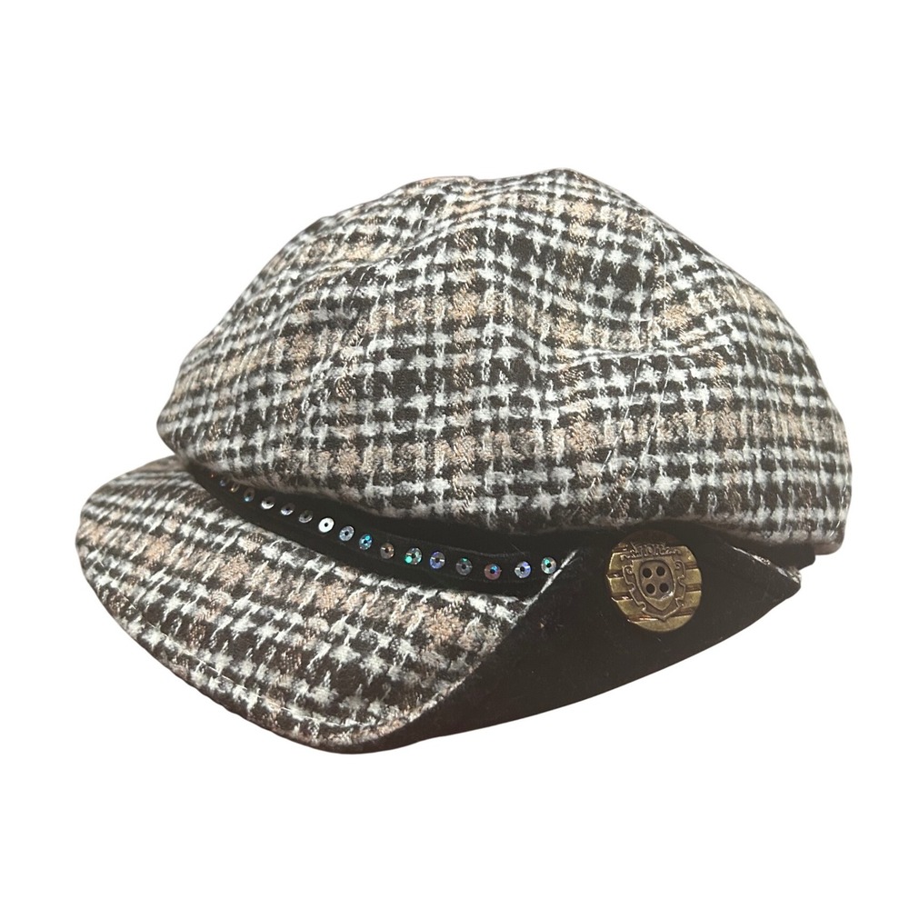 Y2K‎ Plaid Newsboy Cap Brown Black Tweed Sequin Gold Button Hat Preppy Velvet